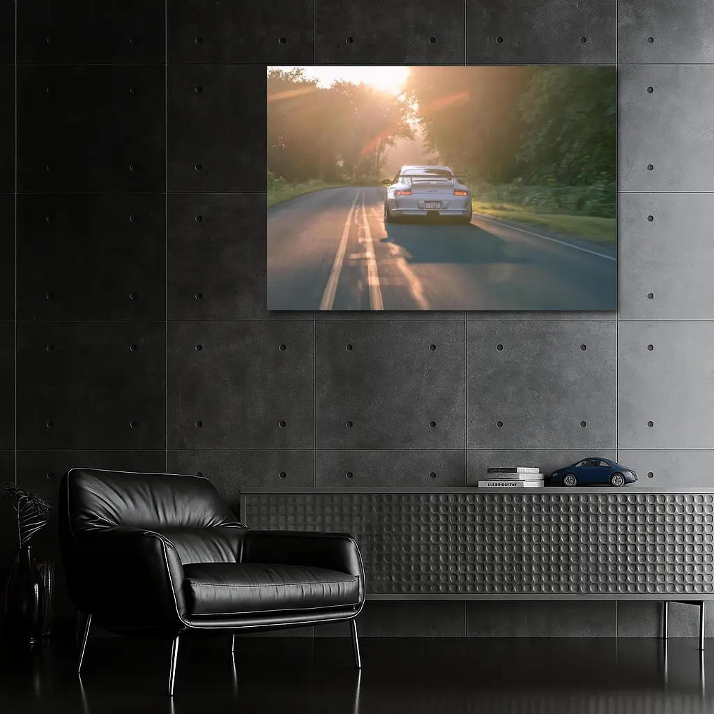 Porsche GT3 Driving Sunlit Country Road – Wall Art