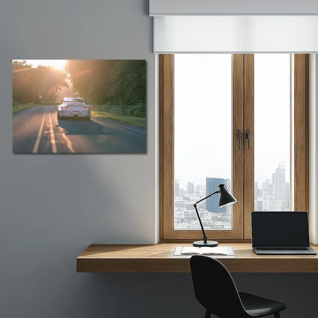 Porsche GT3 Driving Sunlit Country Road – Wall Art