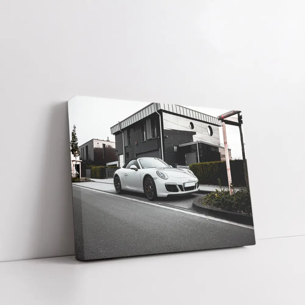 White Porsche 911 Parked Urban Street – Wall Art