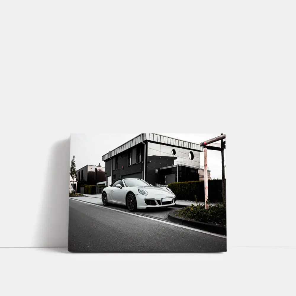 White Porsche 911 Parked Urban Street – Wall Art