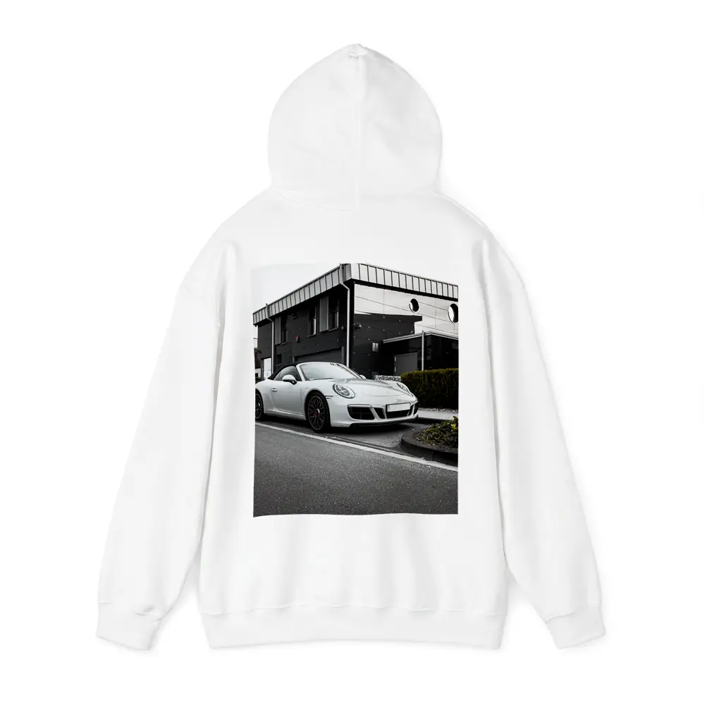 White Porsche 911 Parked Urban Street – Hoodies