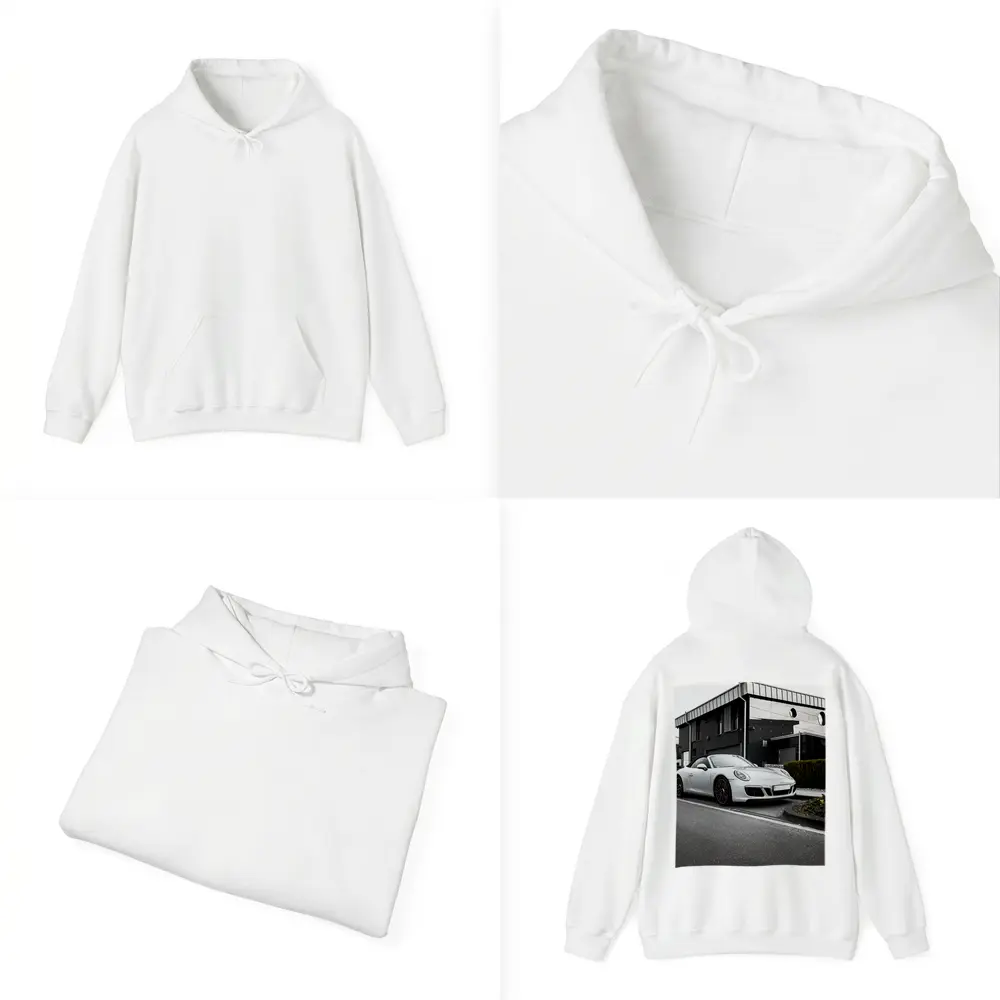 White Porsche 911 Parked Urban Street – Hoodies