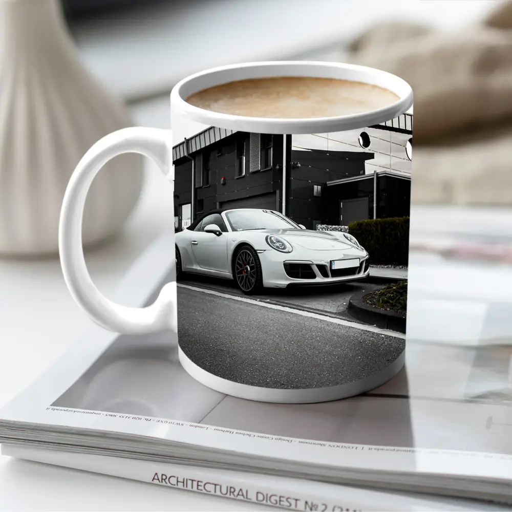 White Porsche 911 Parked Urban Street – Mugs
