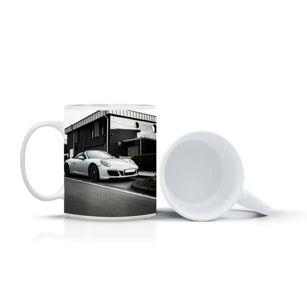 White Porsche 911 Parked Urban Street – Mugs