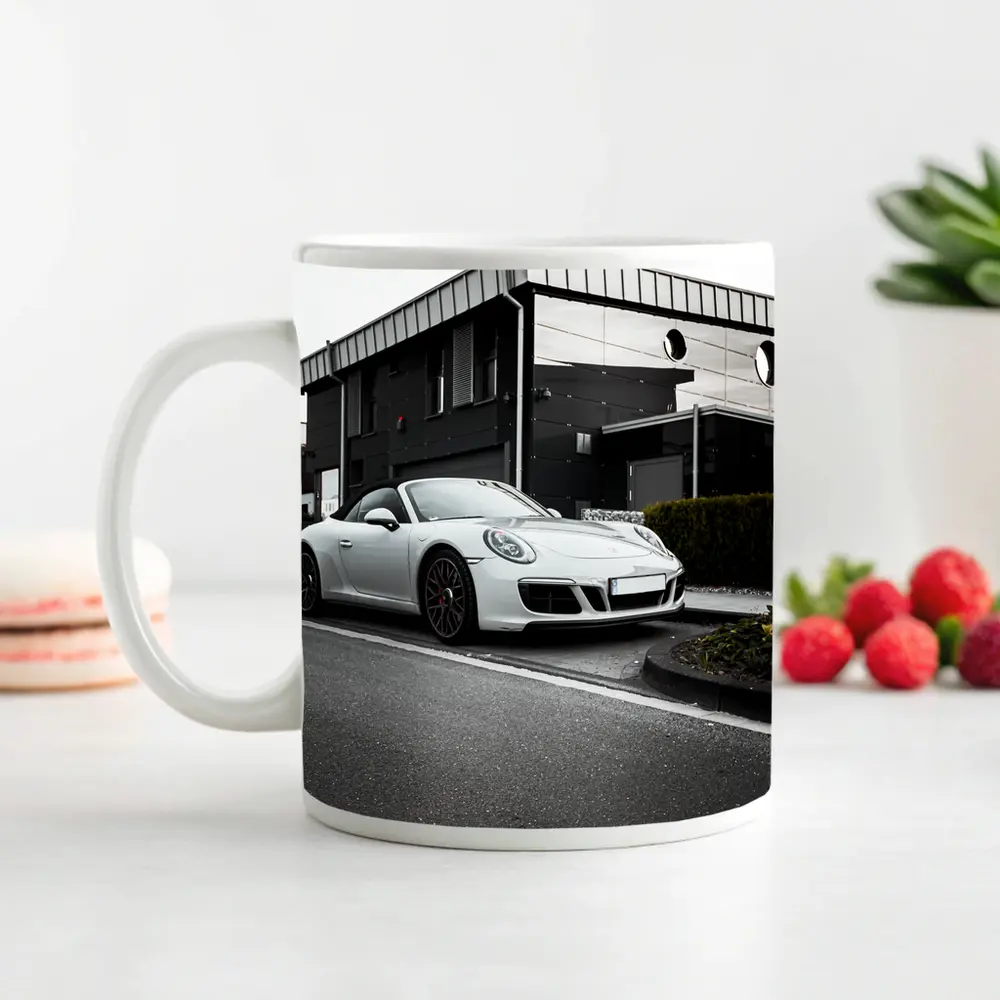 White Porsche 911 Parked Urban Street – Mugs