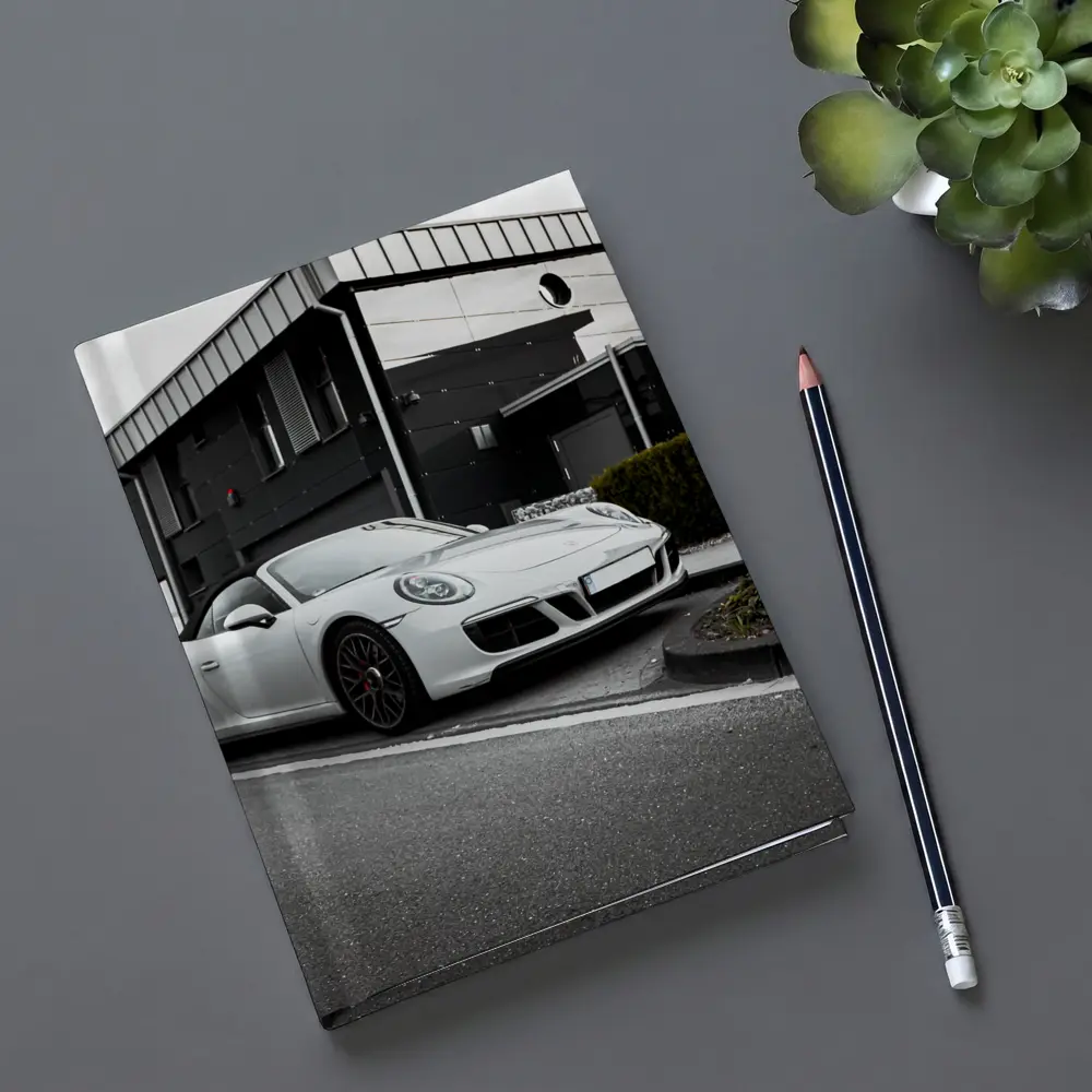 White Porsche 911 Parked Urban Street – Notebooks