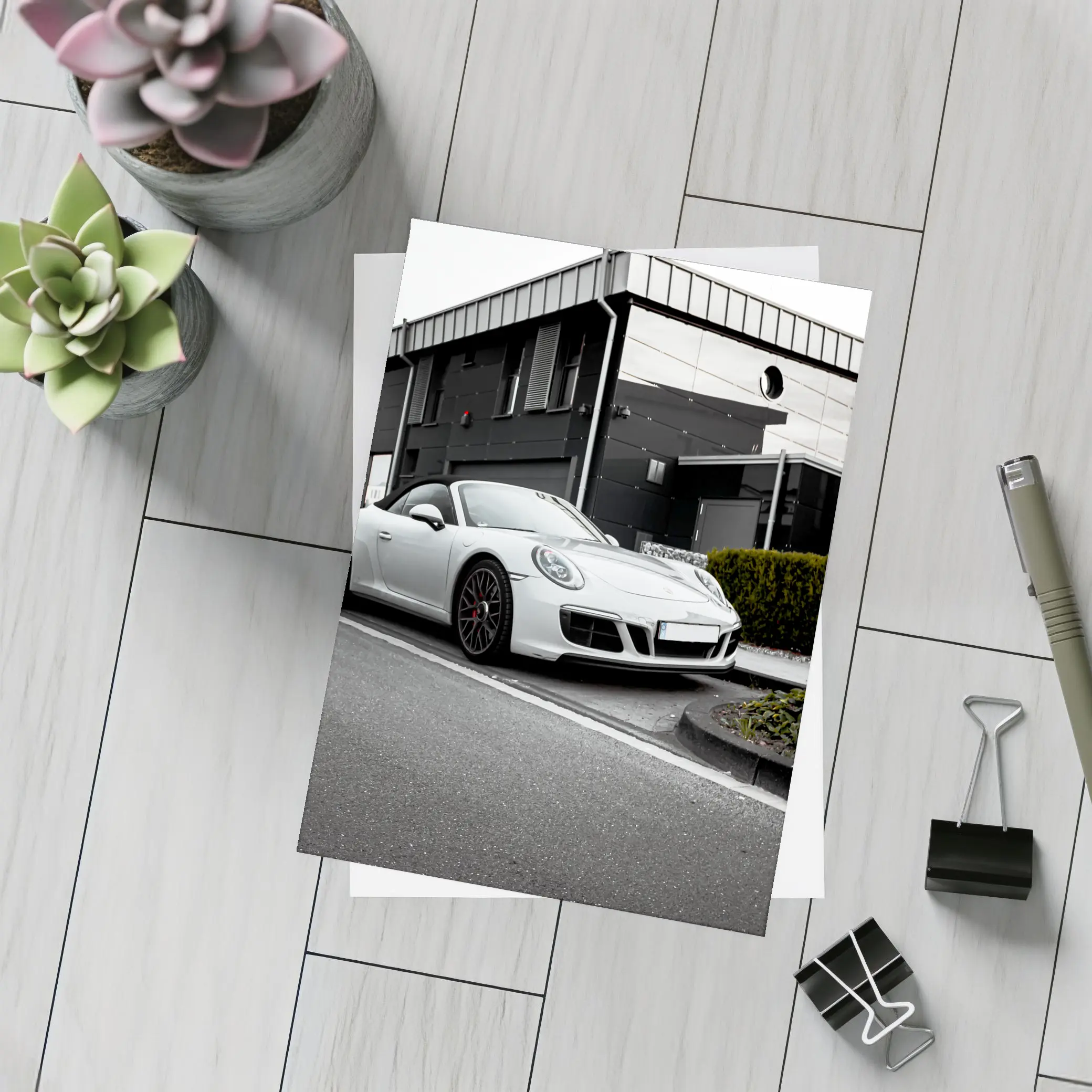 White Porsche 911 Parked Urban Street – Postcards