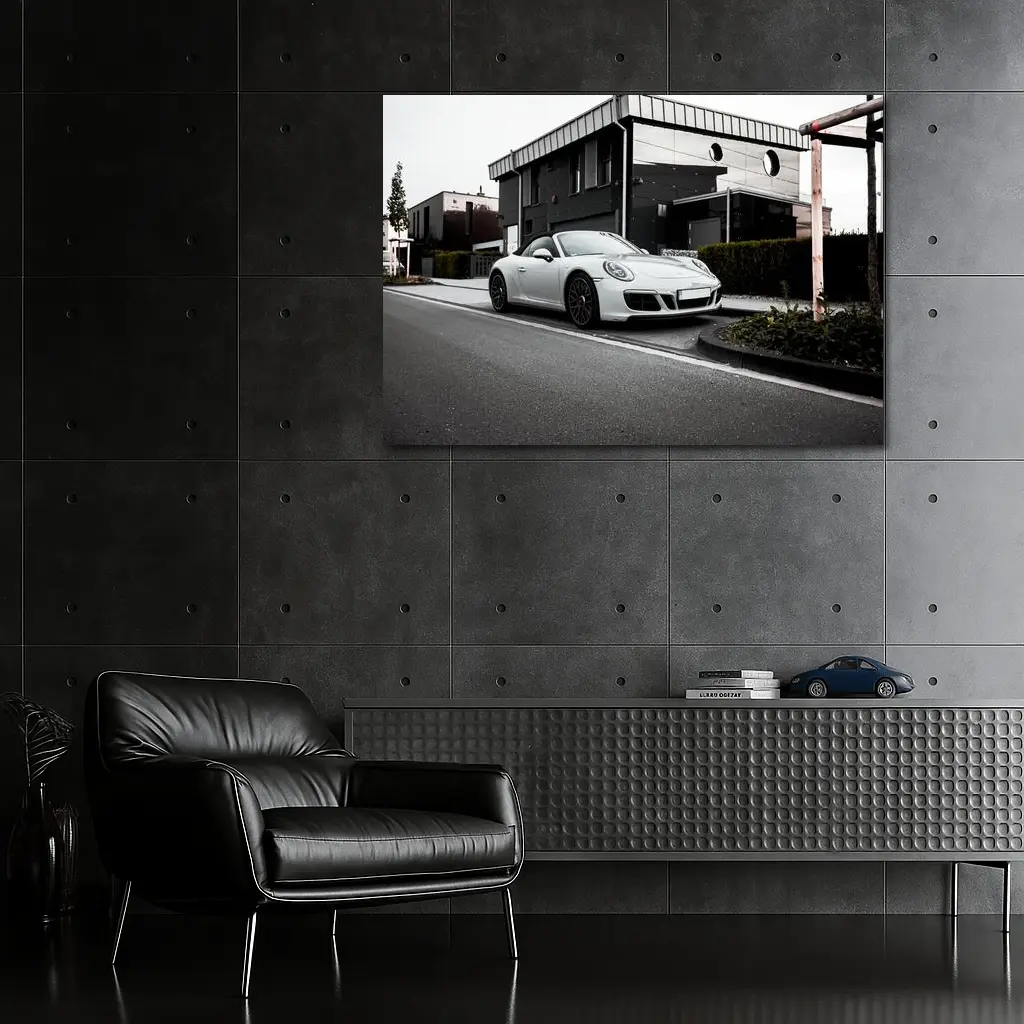 White Porsche 911 Parked Urban Street – Wall Art