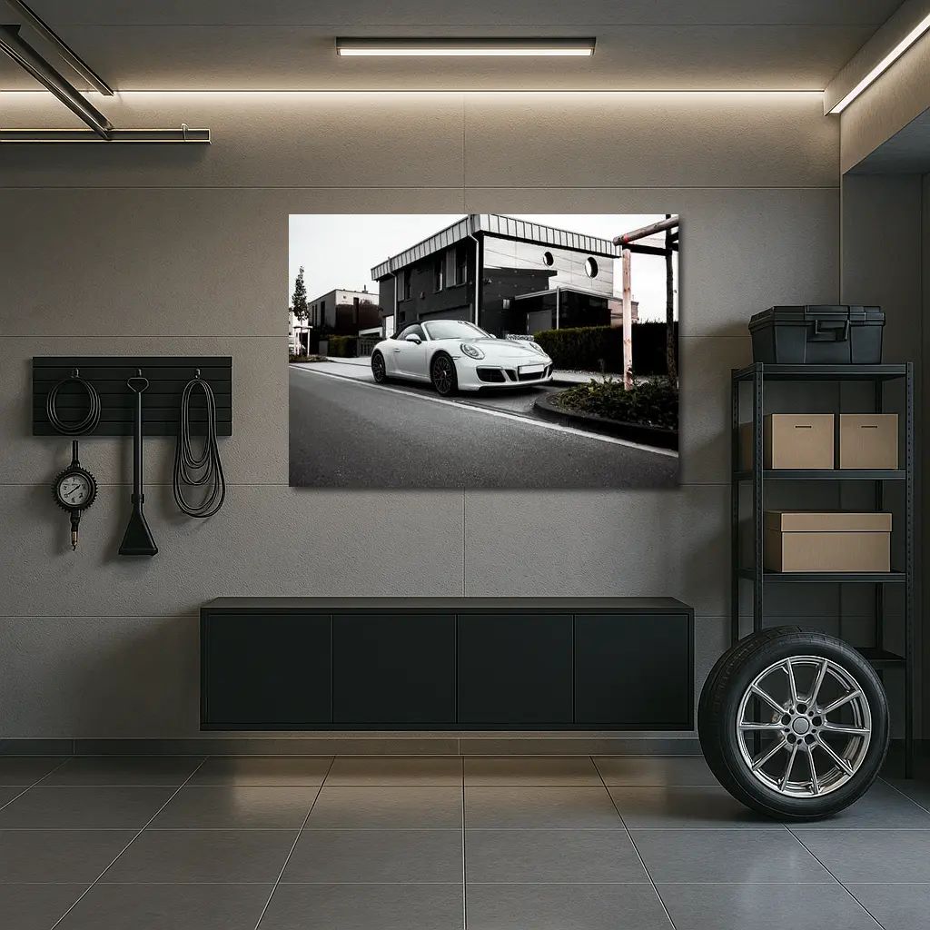 White Porsche 911 Parked Urban Street – Wall Art