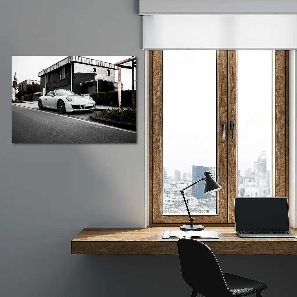 White Porsche 911 Parked Urban Street – Wall Art