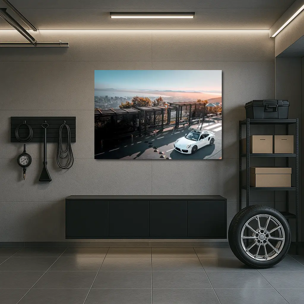 White Porsche 911 Turbo City Overlook – Wall Art
