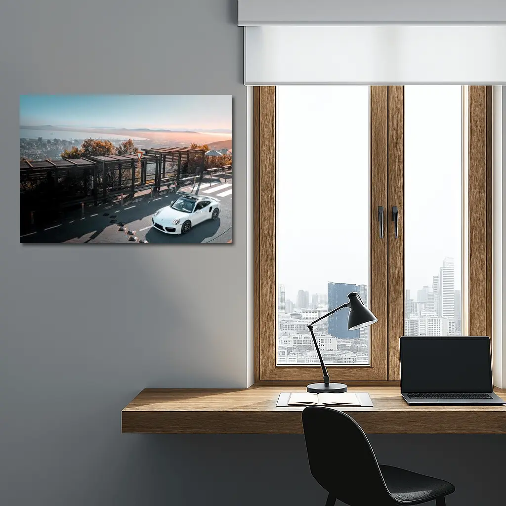 White Porsche 911 Turbo City Overlook – Wall Art