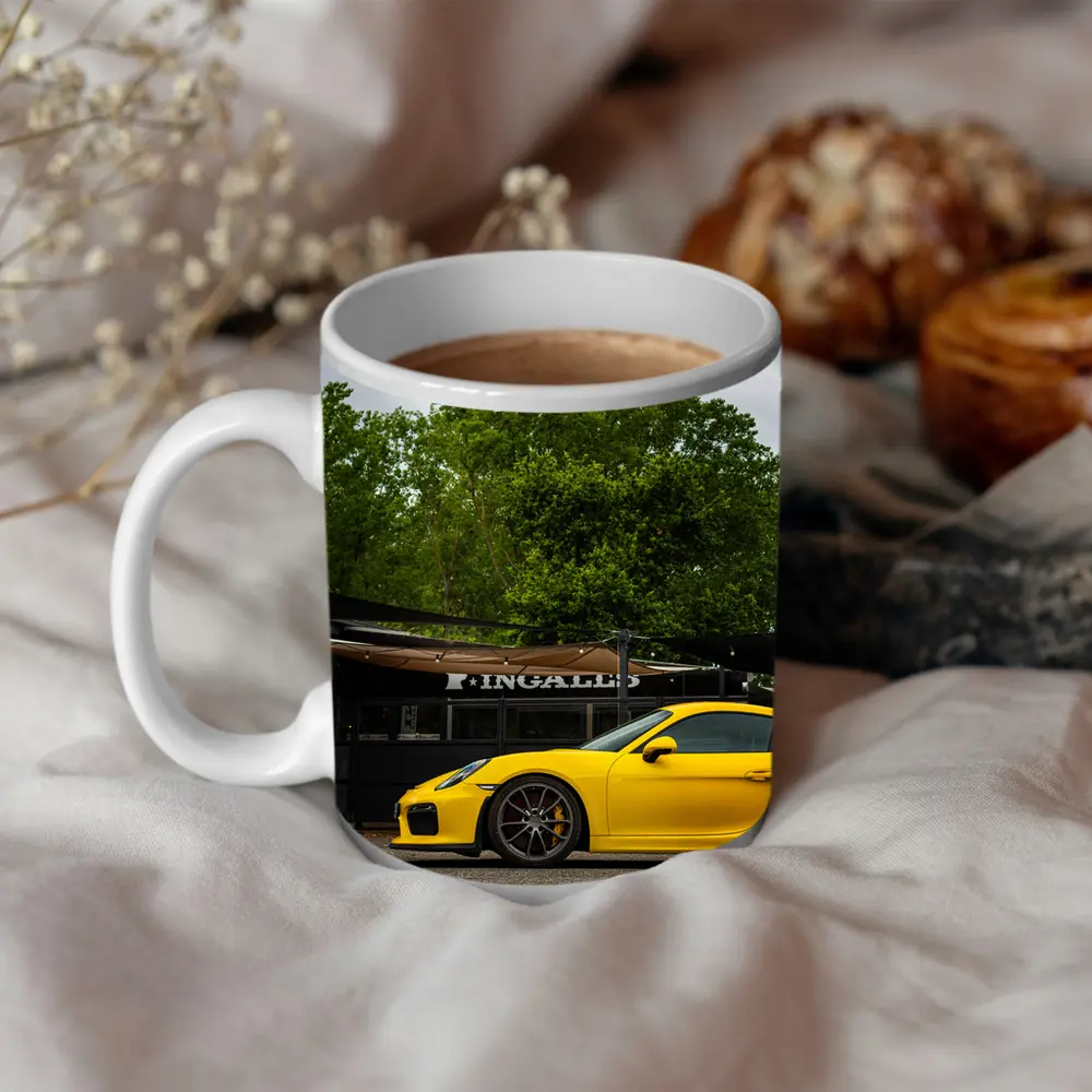 Yellow Porsche Cayman GT4 Street Parked – Mugs
