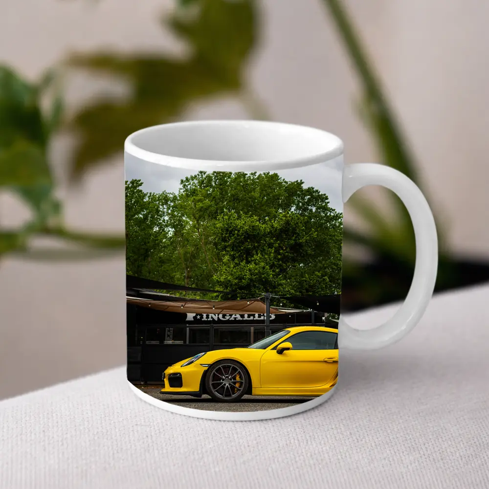 Yellow Porsche Cayman GT4 Street Parked – Mugs