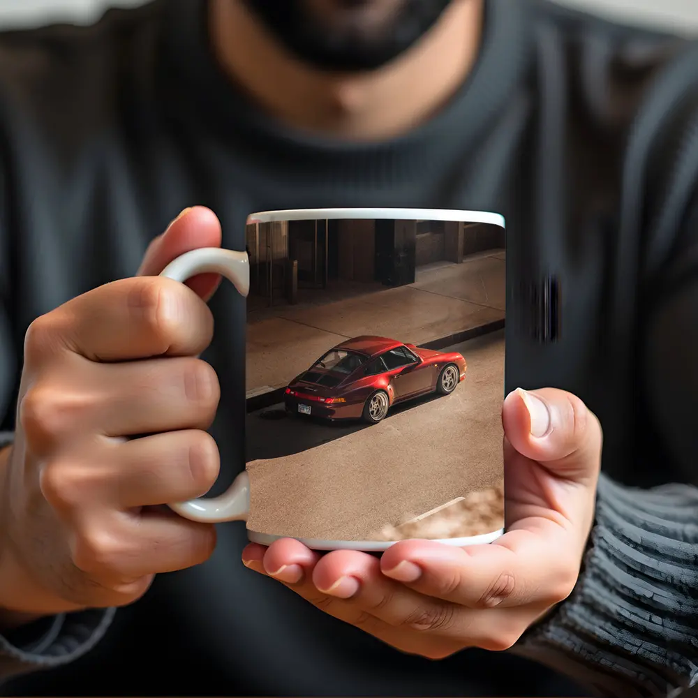 Red Porsche 911 Parked Urban Street – Mugs