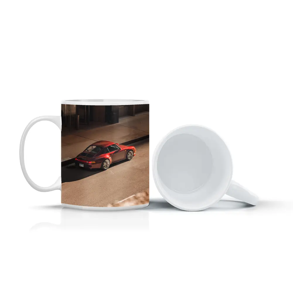Red Porsche 911 Parked Urban Street – Mugs