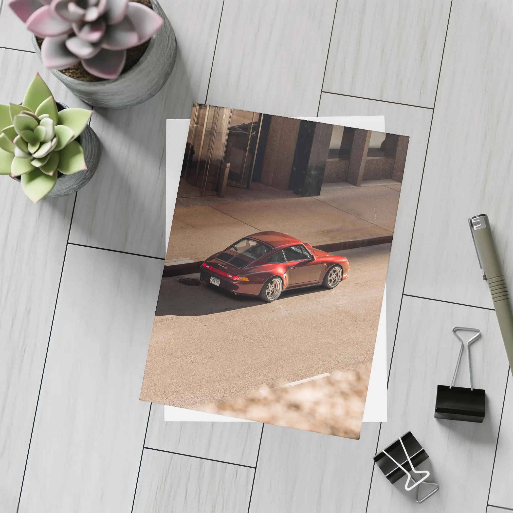 Red Porsche 911 Parked Urban Street – Postcards