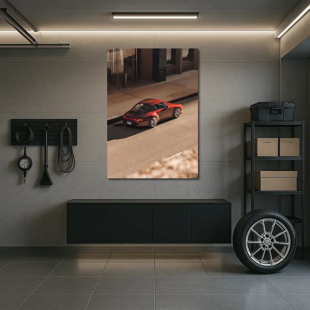 Red Porsche 911 Parked Urban Street – Wall Art