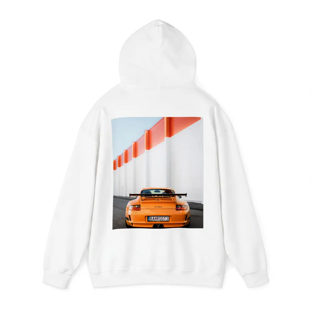 Porsche GT3 RS Orange Against Industrial Wall – Hoodies