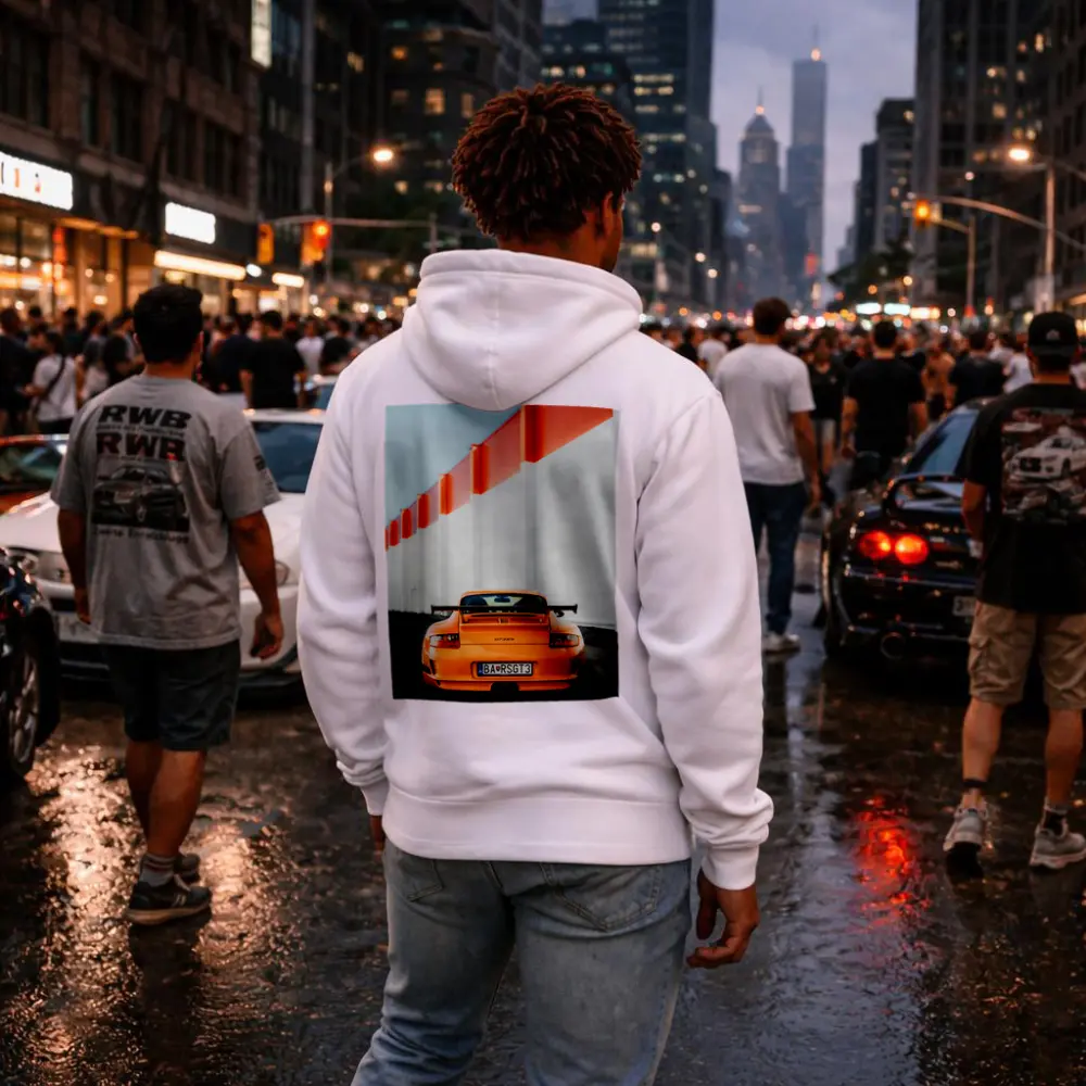 Porsche GT3 RS Orange Against Industrial Wall – Hoodies