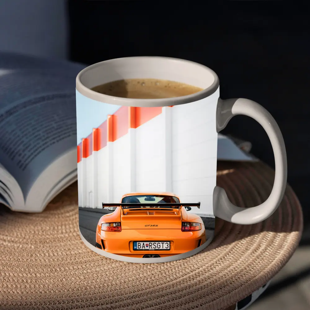 Porsche GT3 RS Orange Against Industrial Wall – Mugs