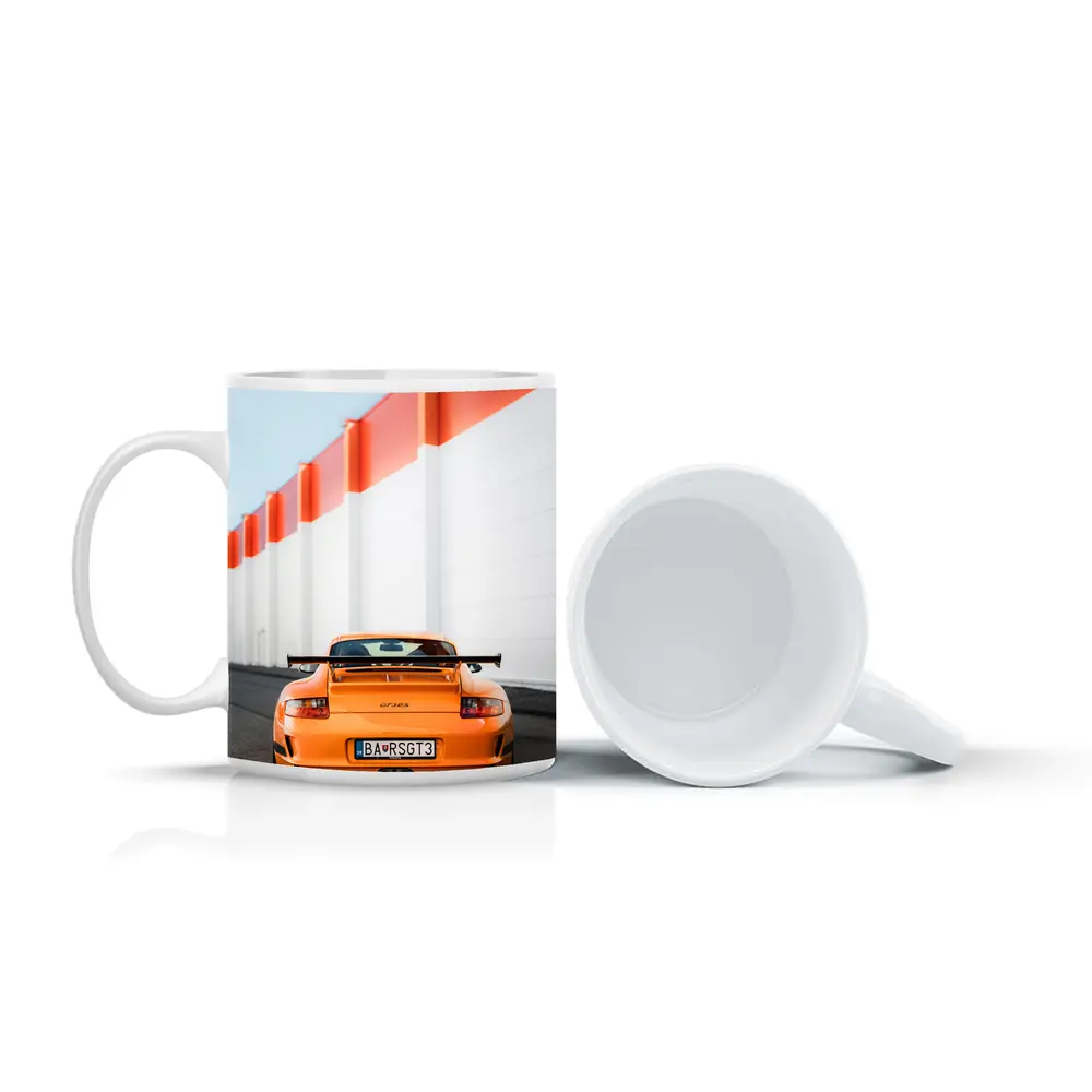 Porsche GT3 RS Orange Against Industrial Wall – Mugs