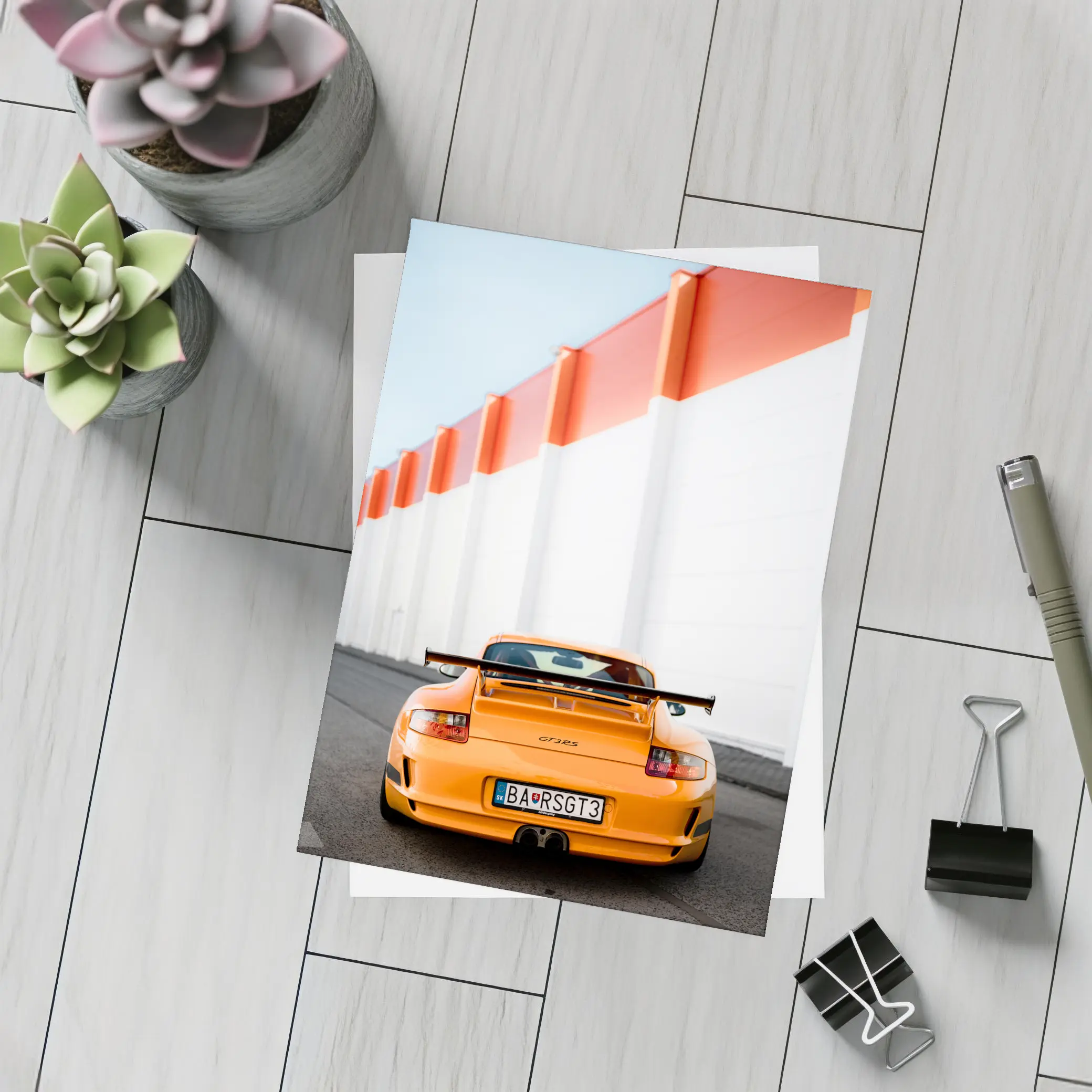 Porsche GT3 RS Orange Against Industrial Wall – Postcards