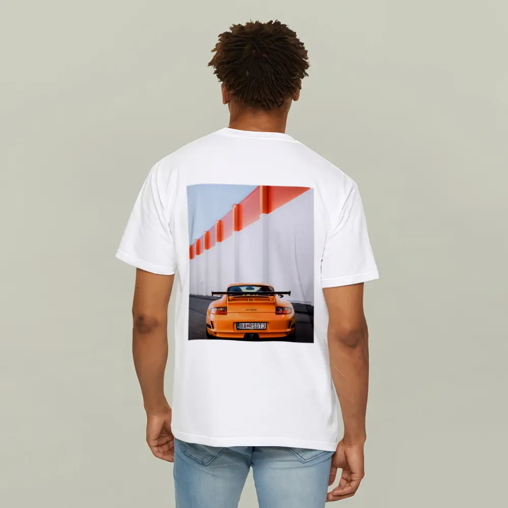 Porsche GT3 RS Orange Against Industrial Wall – T-Shirts