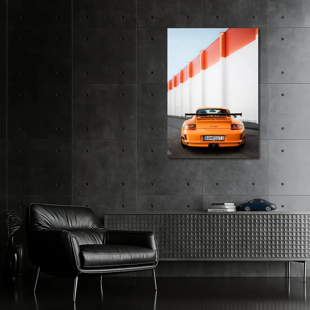 Porsche GT3 RS Orange Against Industrial Wall – Wall Art