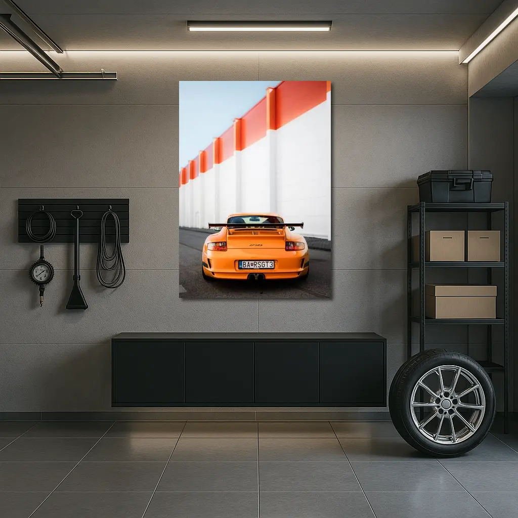 Porsche GT3 RS Orange Against Industrial Wall – Wall Art