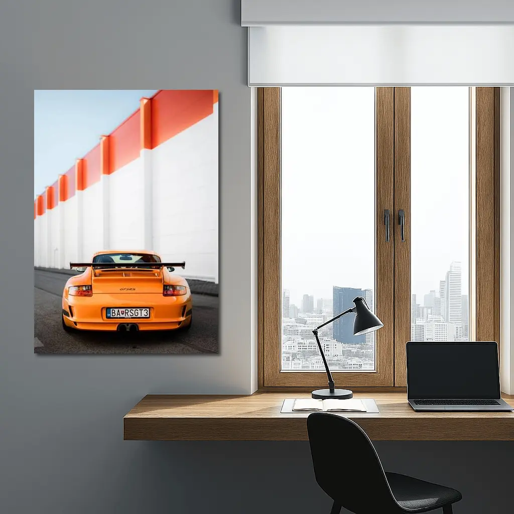 Porsche GT3 RS Orange Against Industrial Wall – Wall Art
