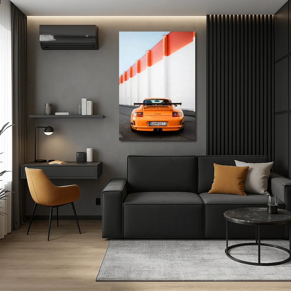 Porsche GT3 RS Orange Against Industrial Wall – Wall Art