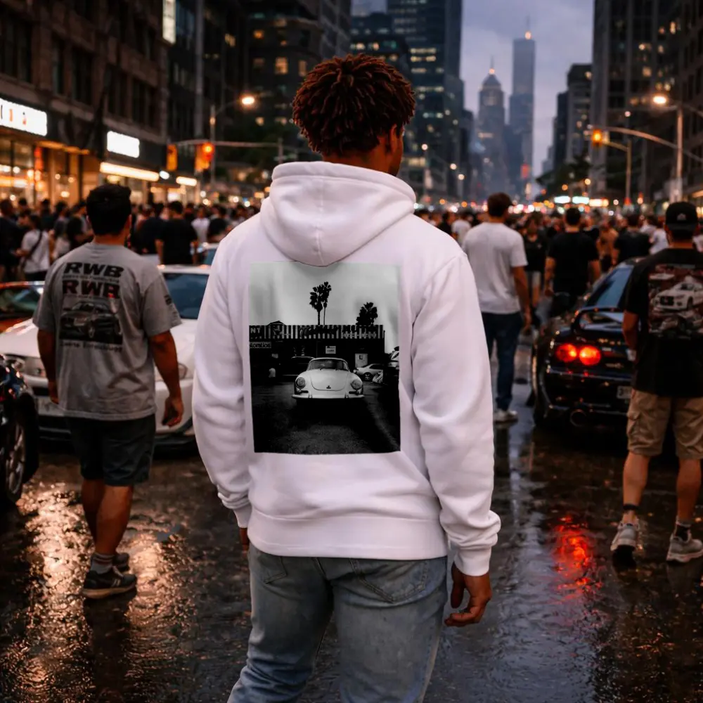 Porsche 356 Black White Parking Lot Street – Hoodies