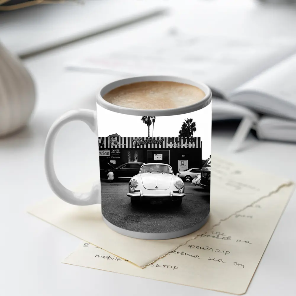 Porsche 356 Black White Parking Lot Street – Mugs