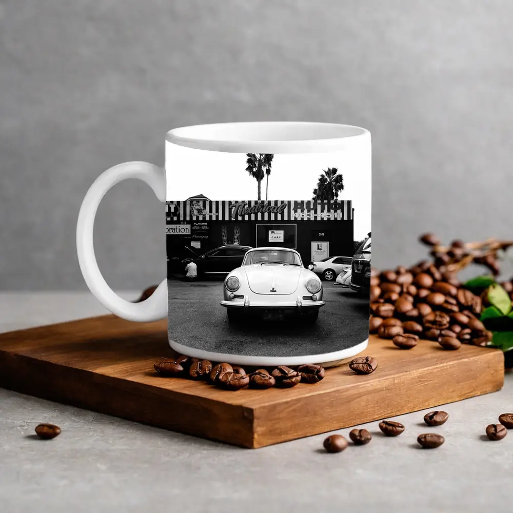 Porsche 356 Black White Parking Lot Street – Mugs