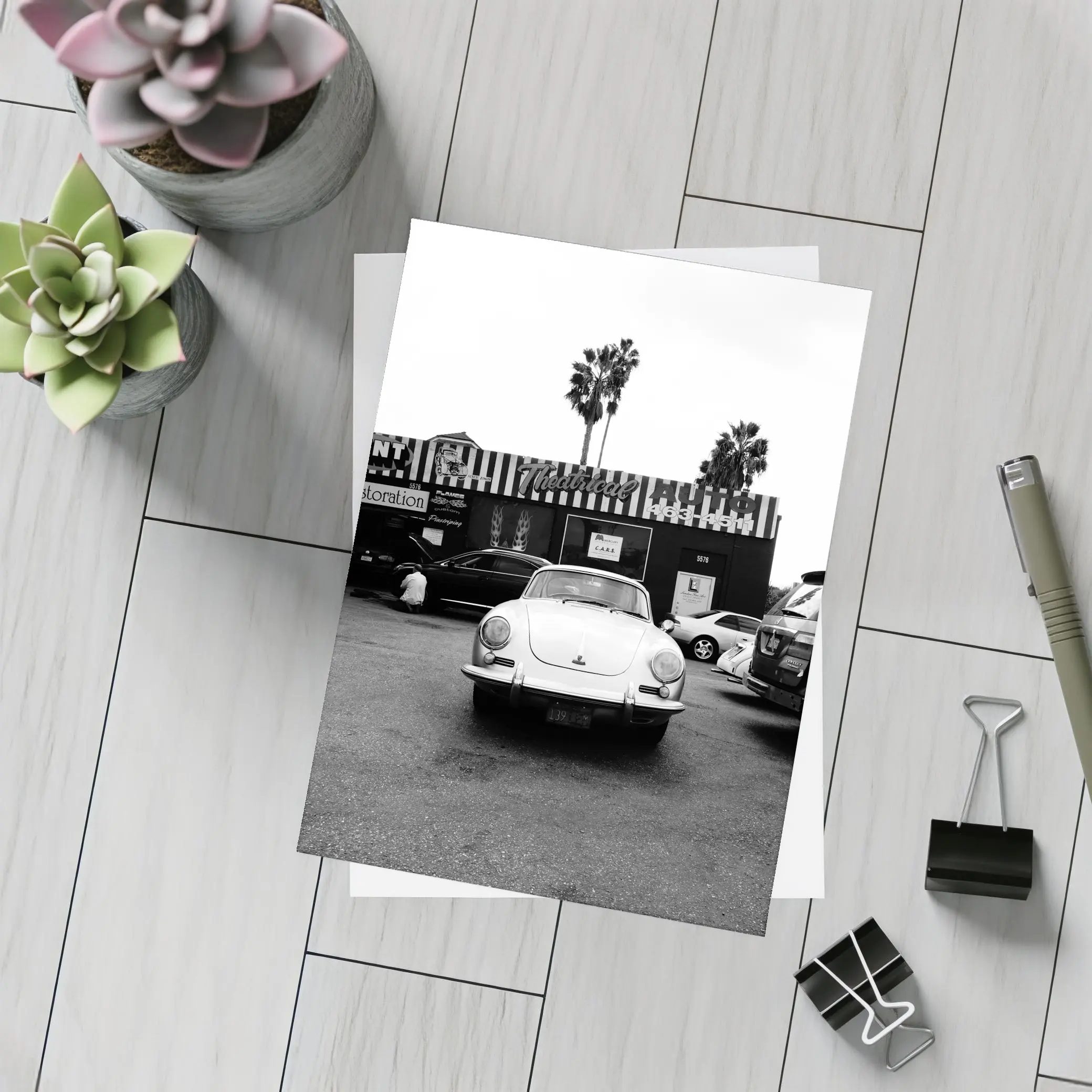 Porsche 356 Black White Parking Lot Street – Postcards