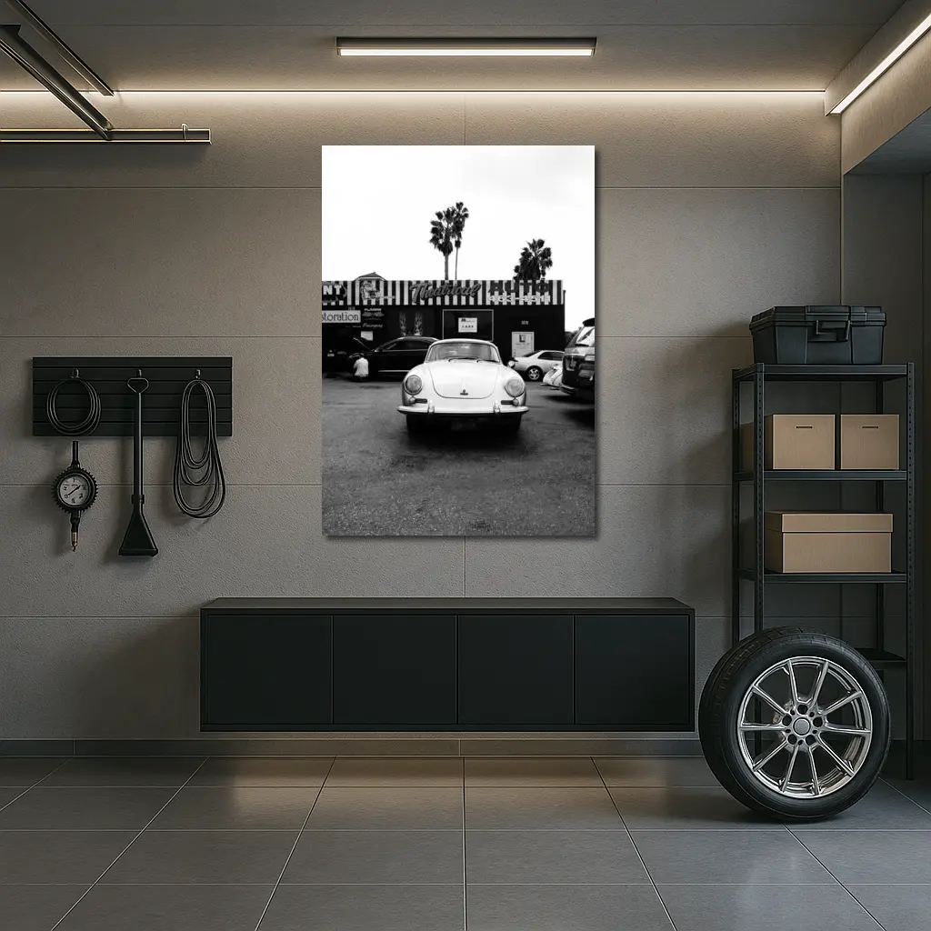 Porsche 356 Black White Parking Lot Street – Wall Art