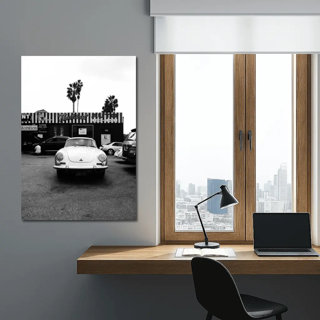 Porsche 356 Black White Parking Lot Street – Wall Art