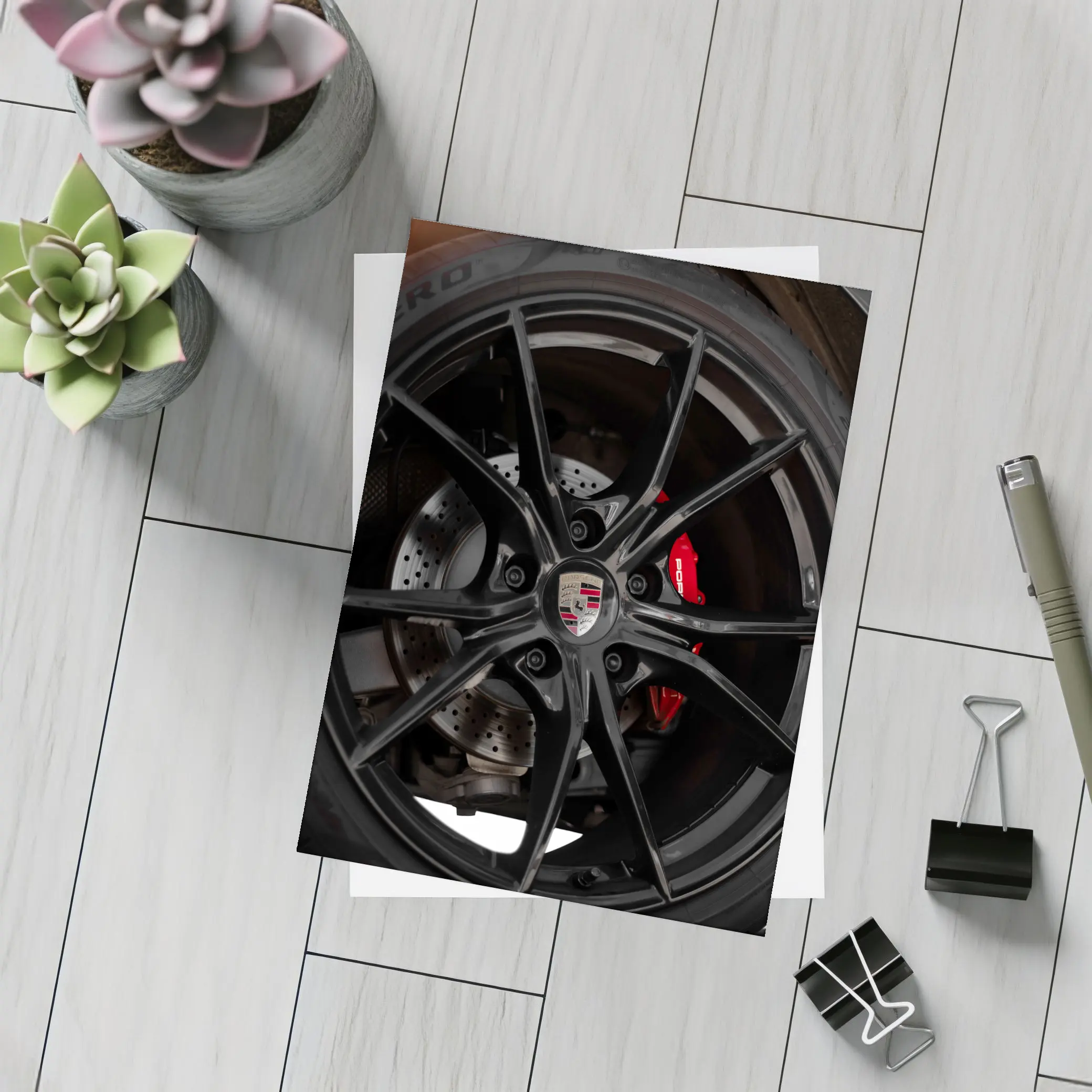 Porsche Black Alloy Wheel Red Brake Caliper – Postcards