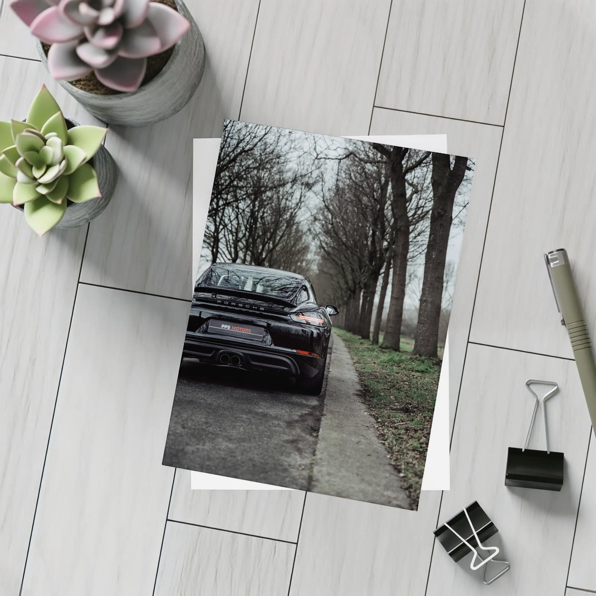 Black Porsche Cayman Rear View Moody Road – Postcards