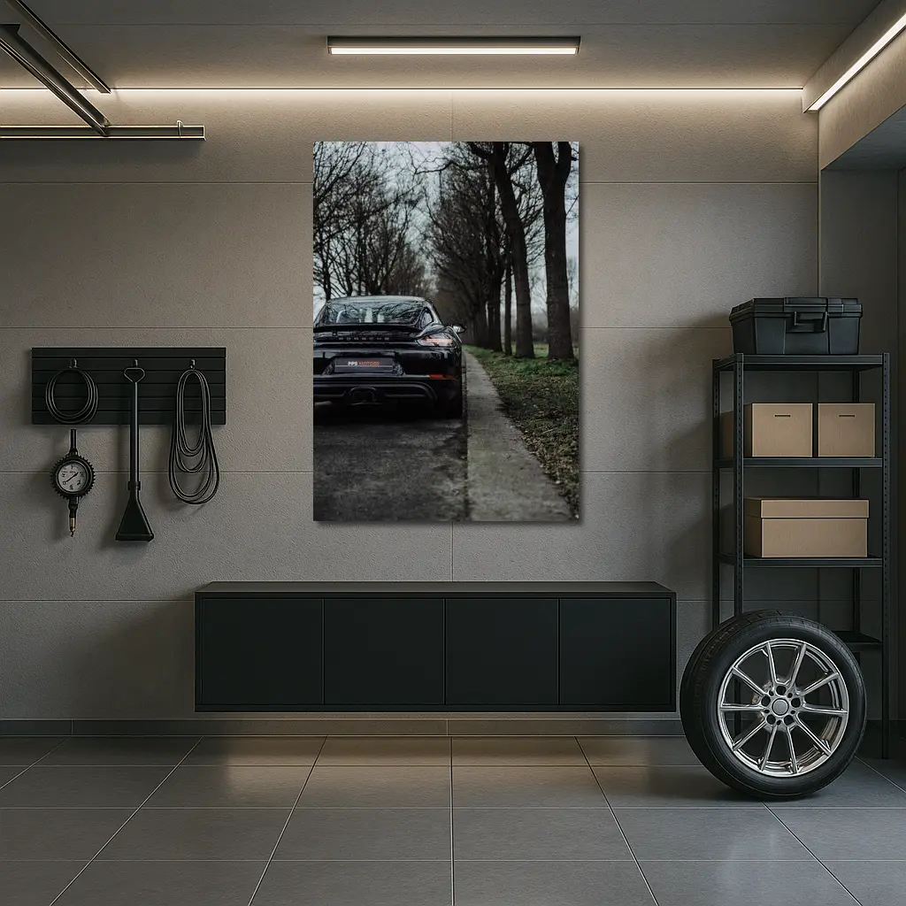 Black Porsche Cayman Rear View Moody Road – Wall Art