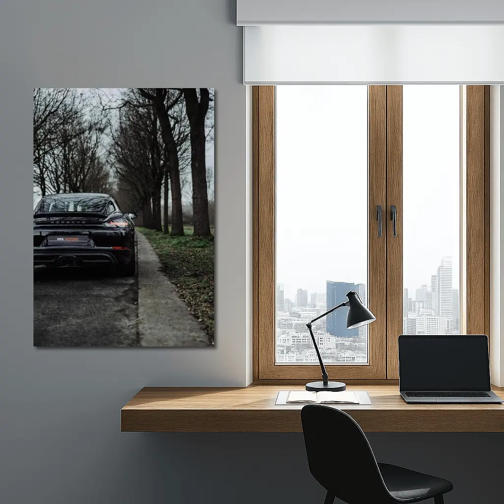 Black Porsche Cayman Rear View Moody Road – Wall Art