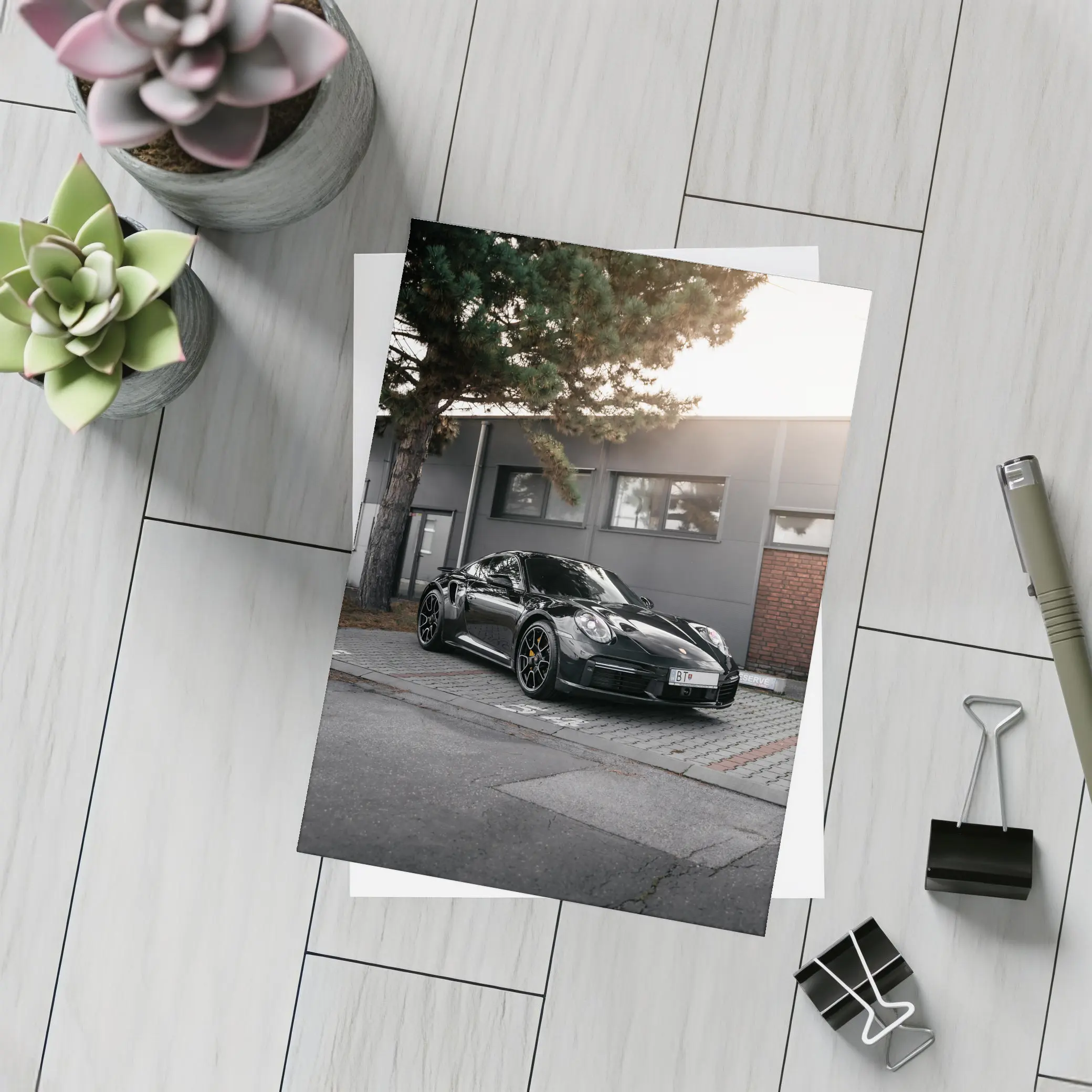 Black Porsche 911 Parked Urban Building – Postcards