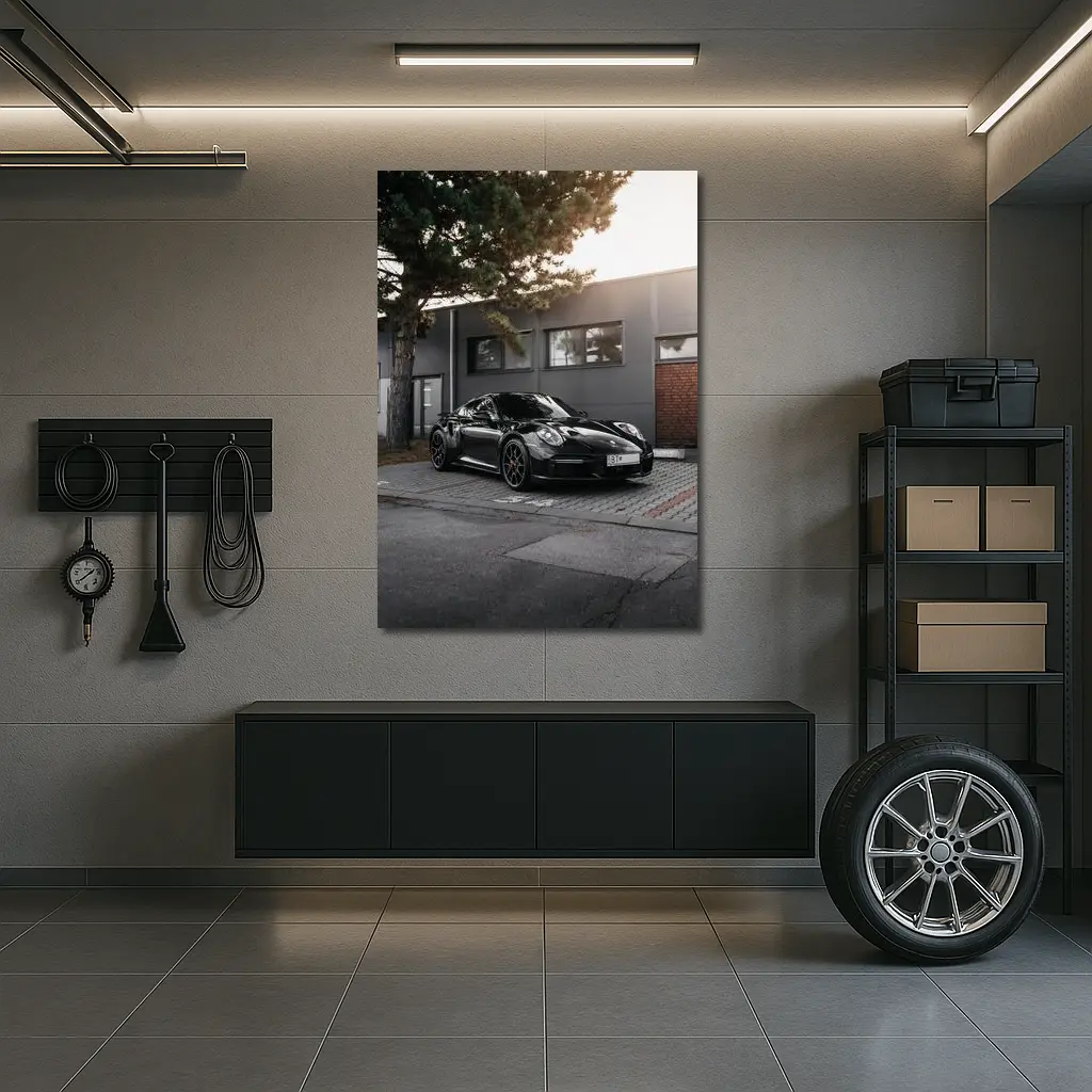 Black Porsche 911 Parked Urban Building – Wall Art