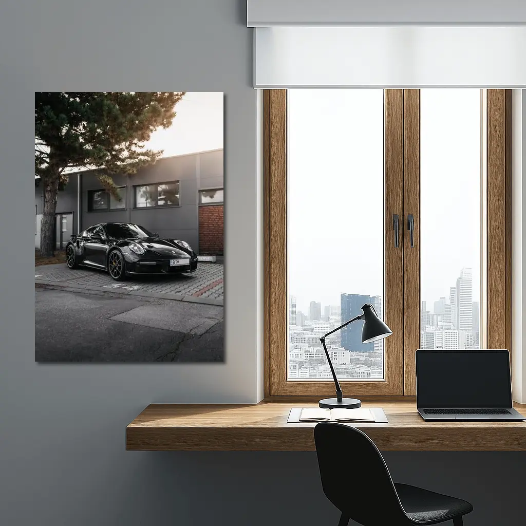 Black Porsche 911 Parked Urban Building – Wall Art