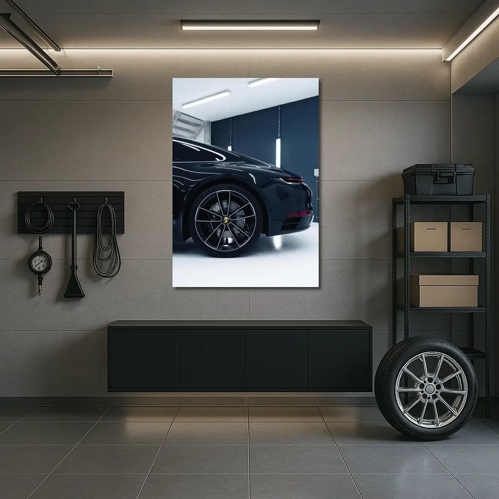 Black Porsche Panamera In Dark Garage – Wall Art