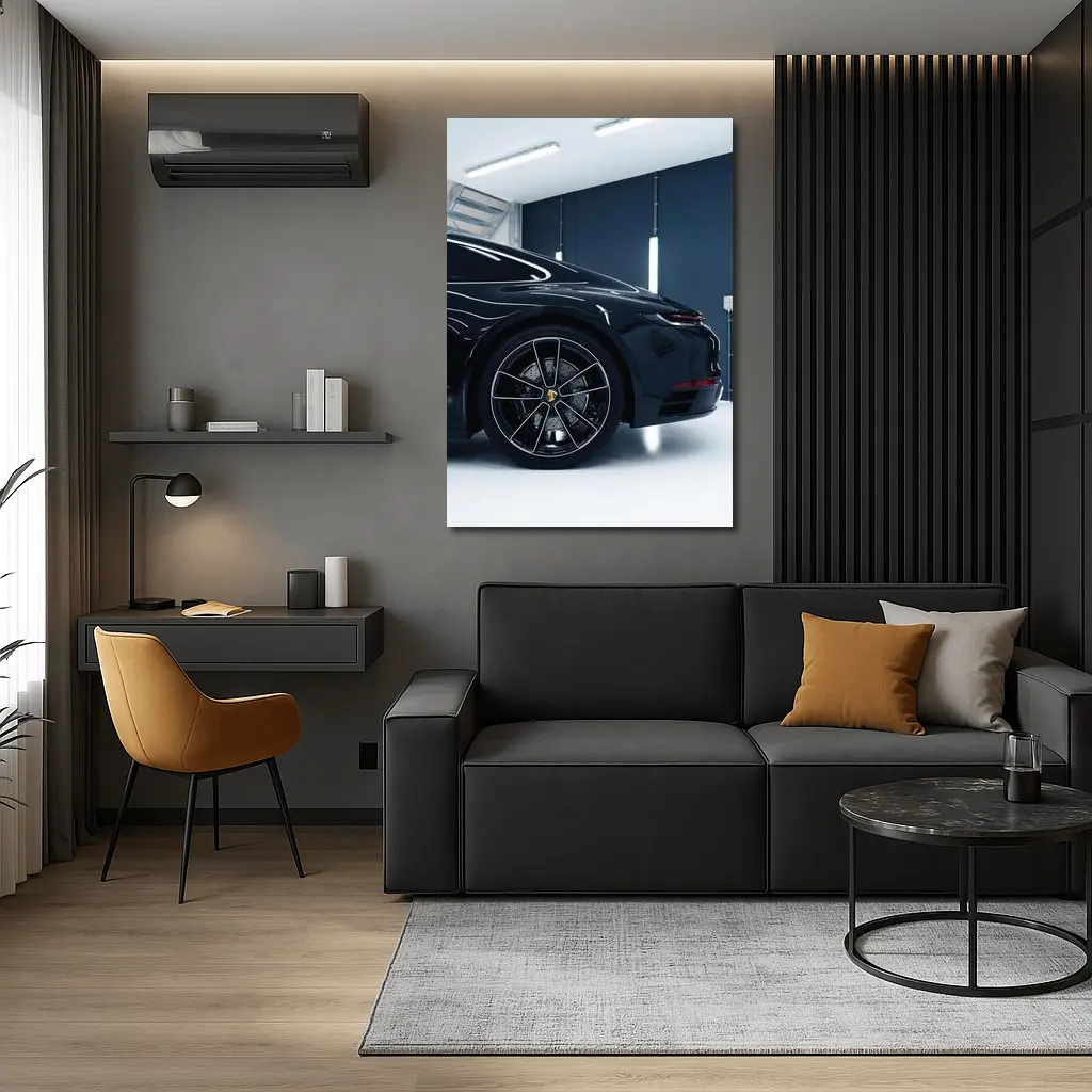 Black Porsche Panamera In Dark Garage – Wall Art