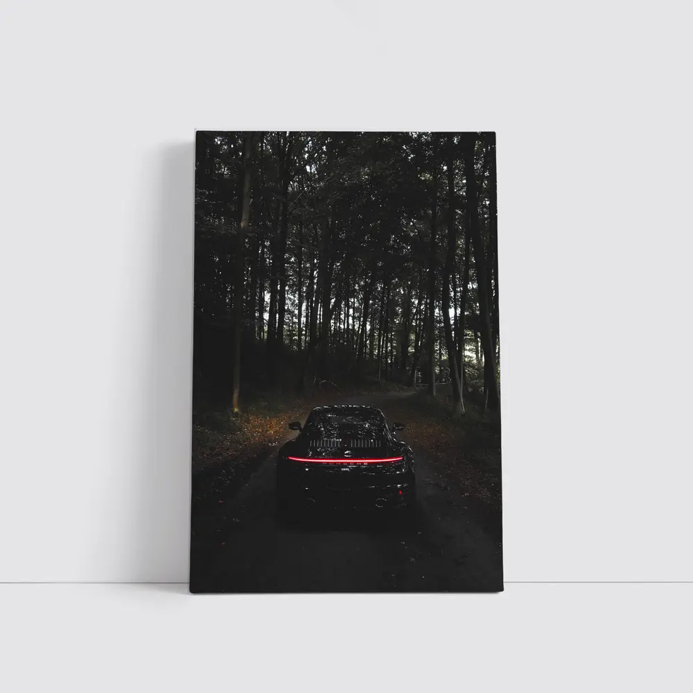 Porsche Taycan Black In Dark Forest – Wall Art