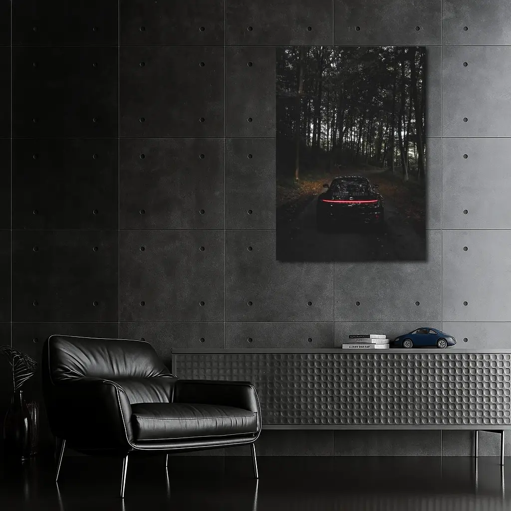 Porsche Taycan Black In Dark Forest – Wall Art