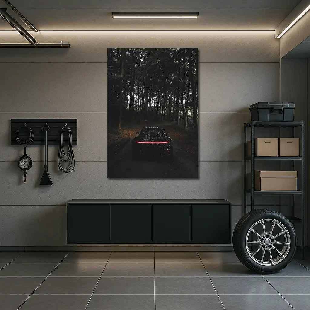 Porsche Taycan Black In Dark Forest – Wall Art